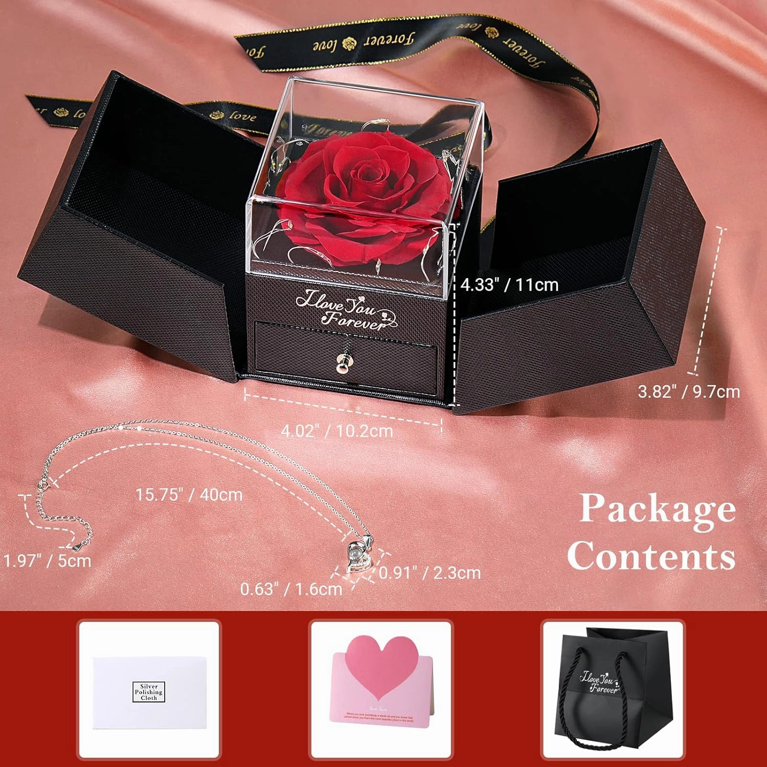 Preserved Rose Gifts for Women, Eternal Flower Rose Box with Heart Necklace, Romantic I Love You Gifts for Her Women Wife Mom Grandma on Valentines Mothers Day Birthday Anniversary