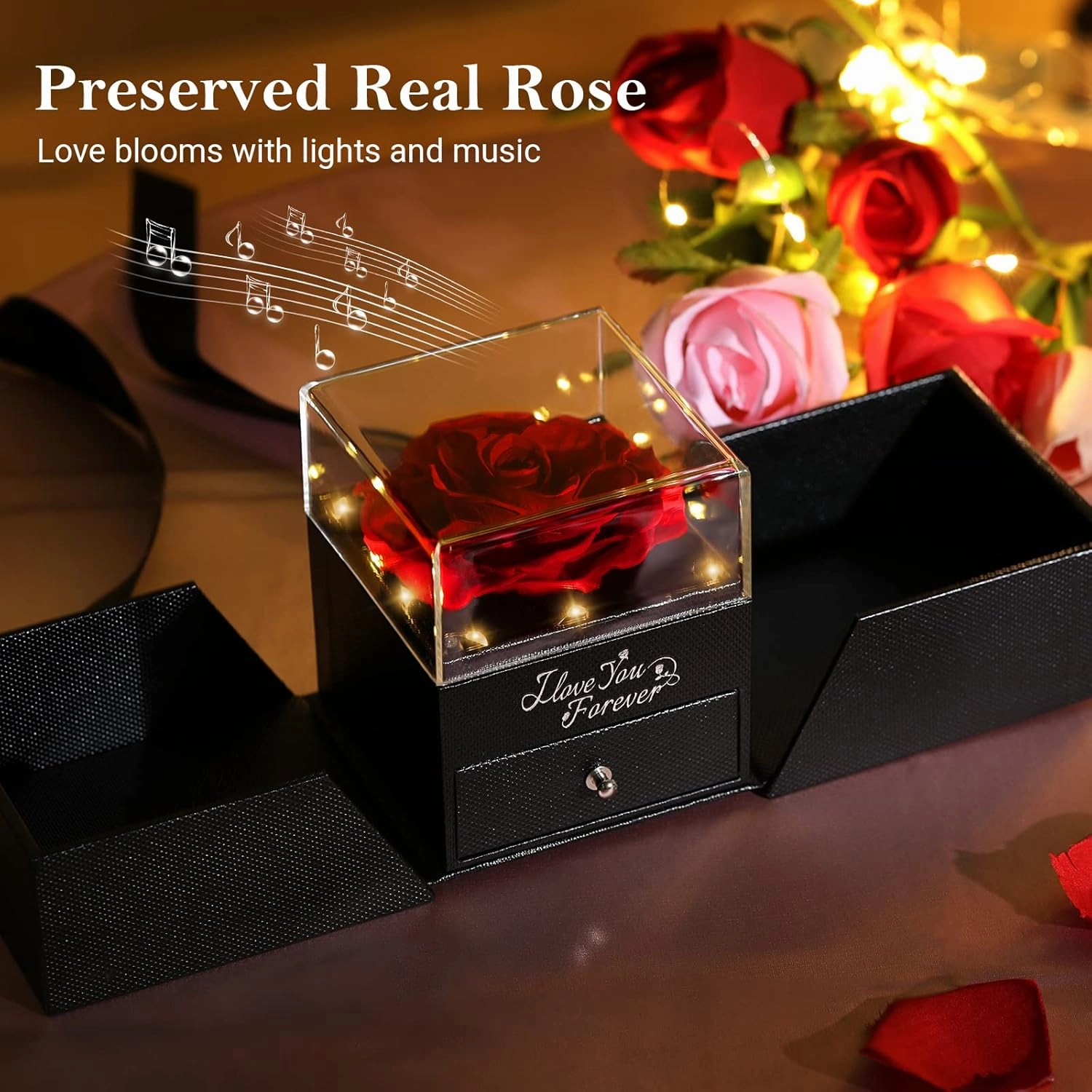 Preserved Rose Gifts for Women, Eternal Flower Rose Box with Heart Necklace, Romantic I Love You Gifts for Her Women Wife Mom Grandma on Valentines Mothers Day Birthday Anniversary