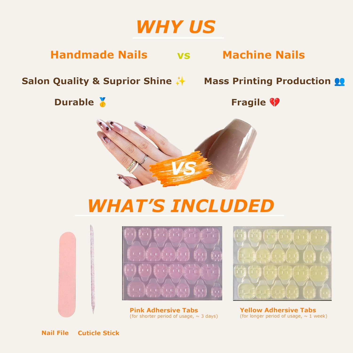 Press-on Nails, Handmade with Gel UV Finished, False nails, Reusable, Almond Shape for Women, Nude, Medium Size