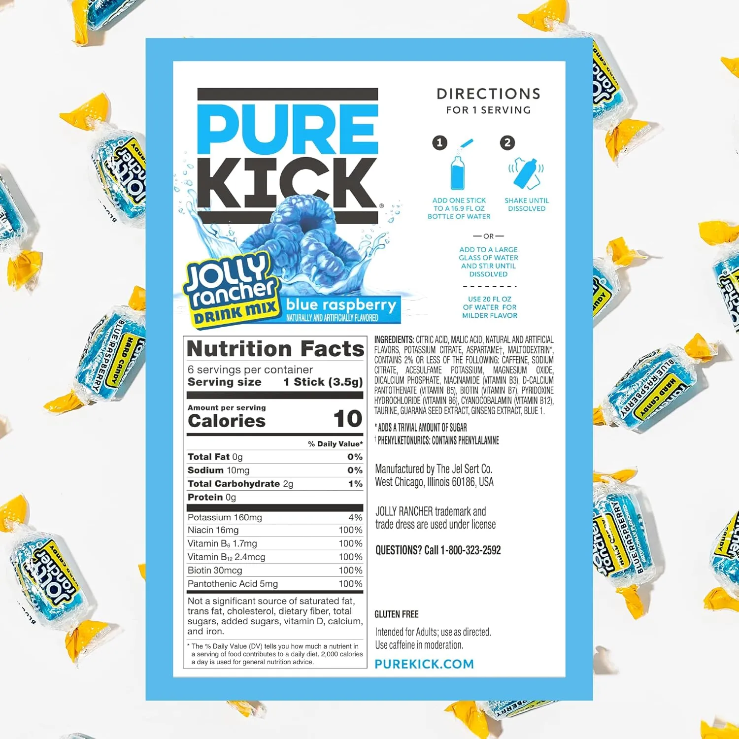 PURE KICK Energy Singles To Go Drink Mix, Jolly Rancher Blue Raspberry, Includes 12 Boxes with 6 Packets in each Box, 72 Total Packets
