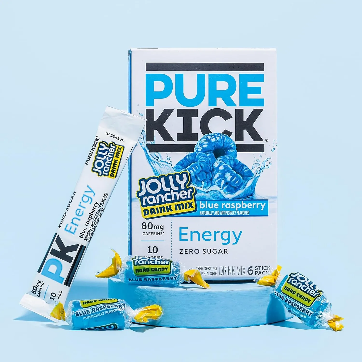 PURE KICK Energy Singles To Go Drink Mix, Jolly Rancher Blue Raspberry, Includes 12 Boxes with 6 Packets in each Box, 72 Total Packets