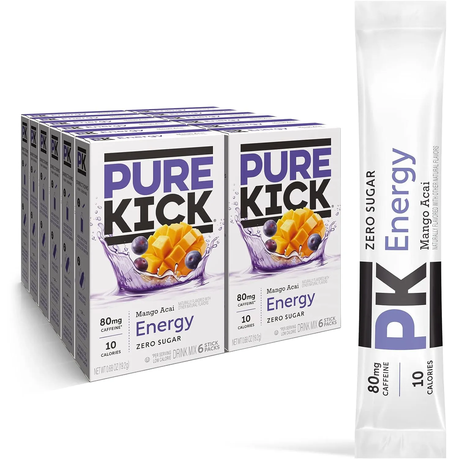 Pure Kick Energy Singles To Go Drink Mix, Mango Acai, Includes 12 Boxes with 6 Packets in each Box, 72 Total Packets