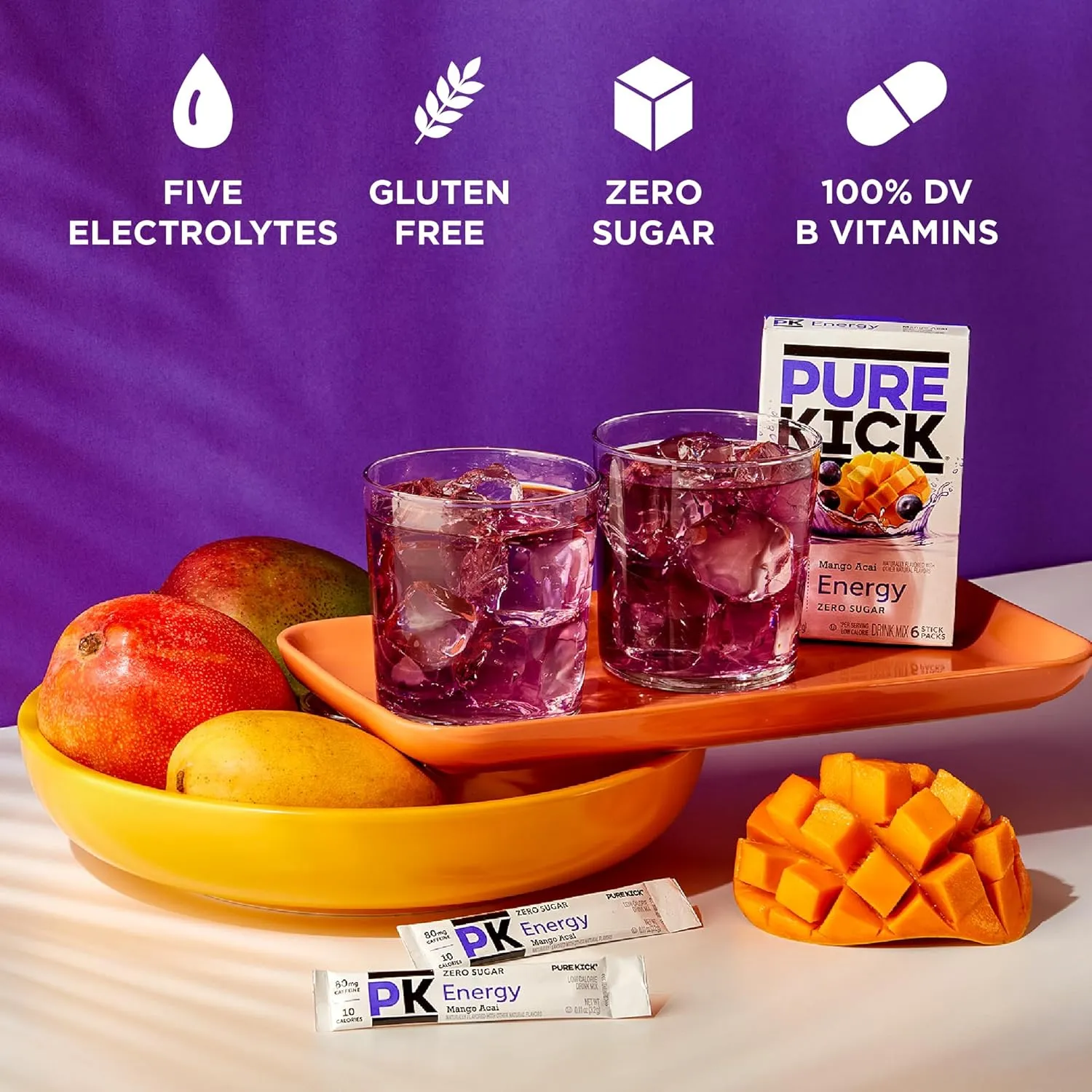 Pure Kick Energy Singles To Go Drink Mix, Mango Acai, Includes 12 Boxes with 6 Packets in each Box, 72 Total Packets