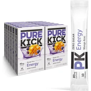 Pure Kick Energy Singles To Go Drink Mix, Mango Acai, Includes 12 Boxes with 6 Packets in each Box, 72 Total Packets