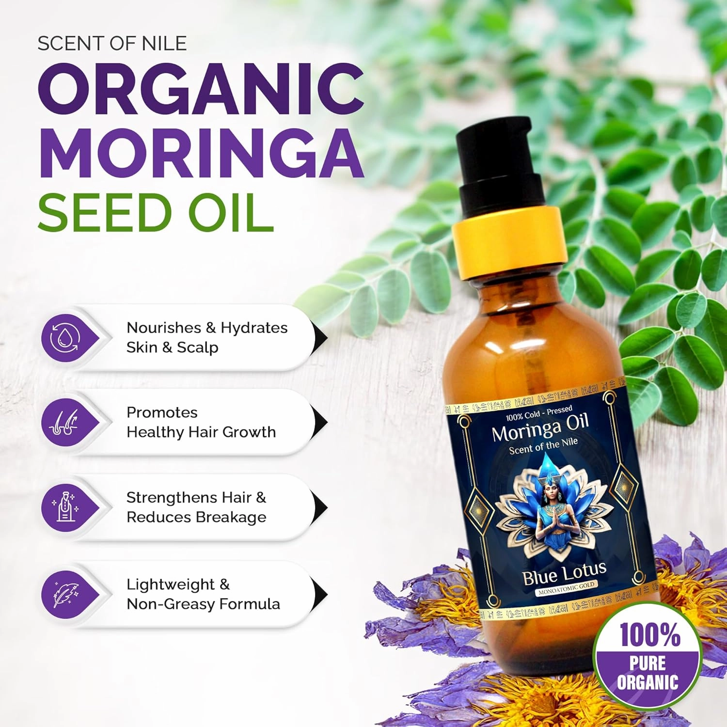 Pure Organic Moringa Oil with Blue Lotus Flower & Ormus Gold – Hydrating & Anti-Aging Oil for Skin, Hair & Nails – Premium 100% Cold Pressed Moringa Seed Extraction, Nourishes & Hydrates Skin
