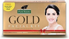 Pure Roots Gold Facial Kit for Instant Nourished Radiant Brightening Skin | Salon-Like Glow at Home with 5 Easy Steps | Ideal for All Skin Types 100gm