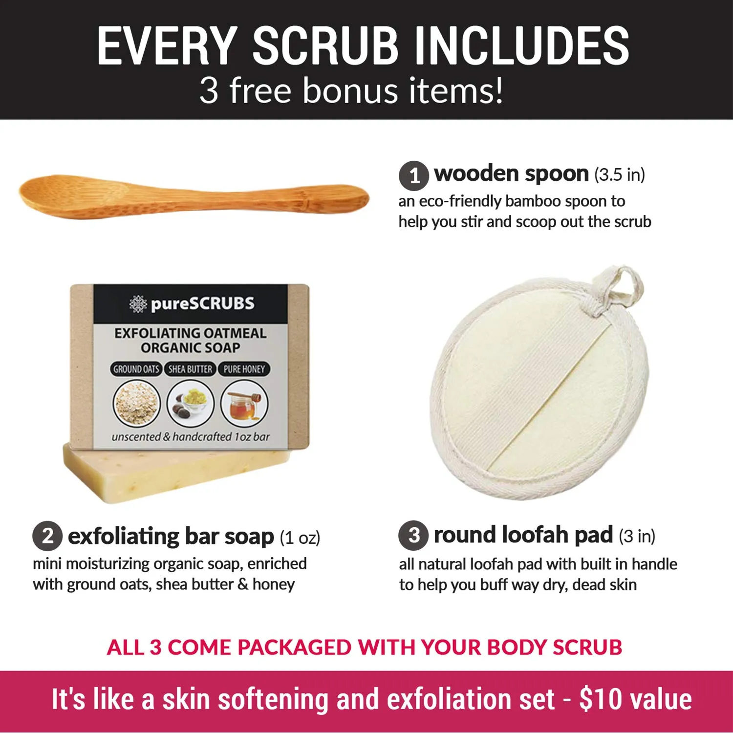 pureSCRUBS Premium Rose Body Scrub Set - Large 16oz Dead Sea Salt Body Scrub With Infused Essential Oils & Nutrients, Includes Wooden Spoon, Loofah & Oatmeal Exfoliating Bar Soap