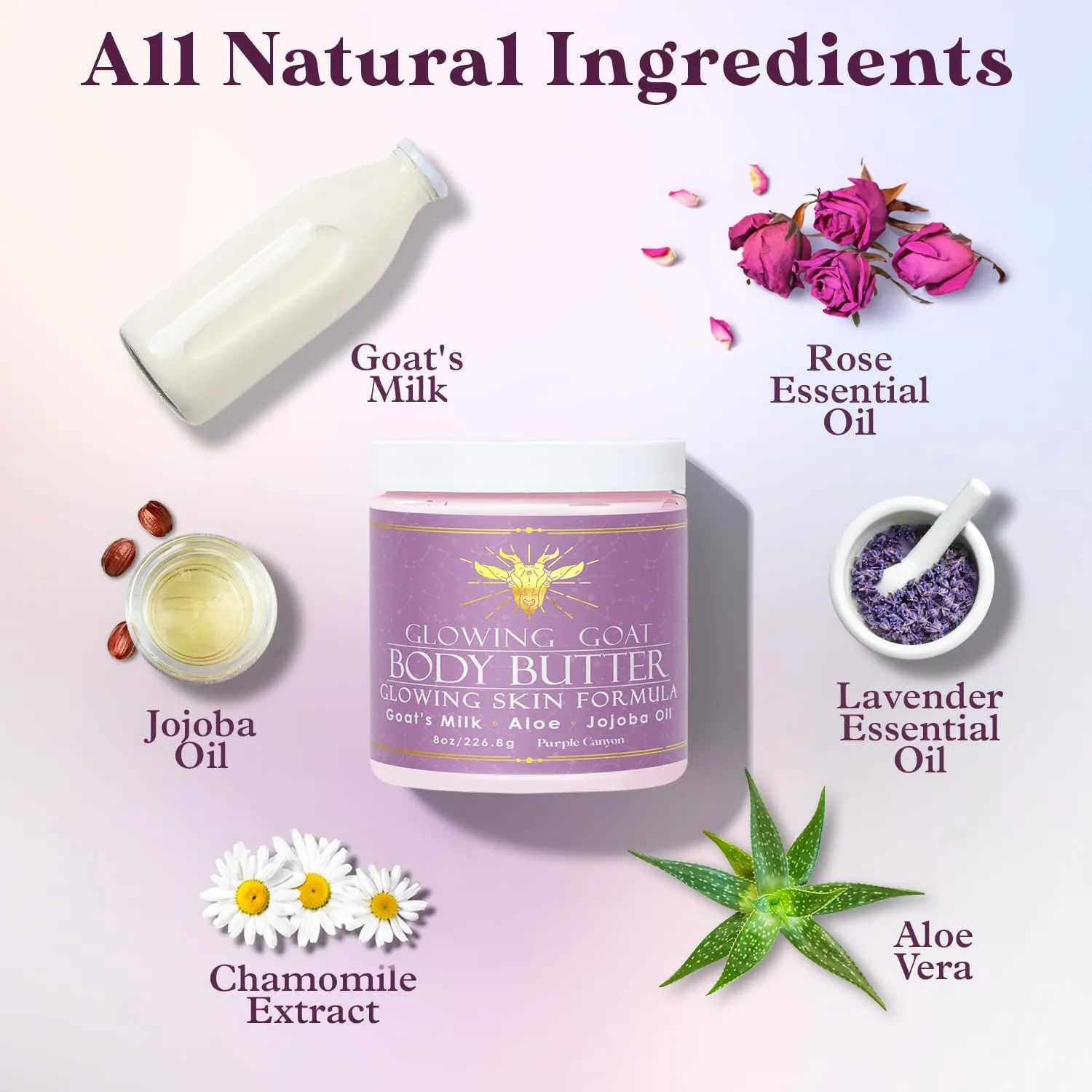 PURPLE CANYON Goat Milk Whipped Body Butter 8oz | Lavender Rose Body Lotion Infused with Jojoba Oil and Aloe Vera| Glowing Skin Natural Lotion for Luxury Self-Care