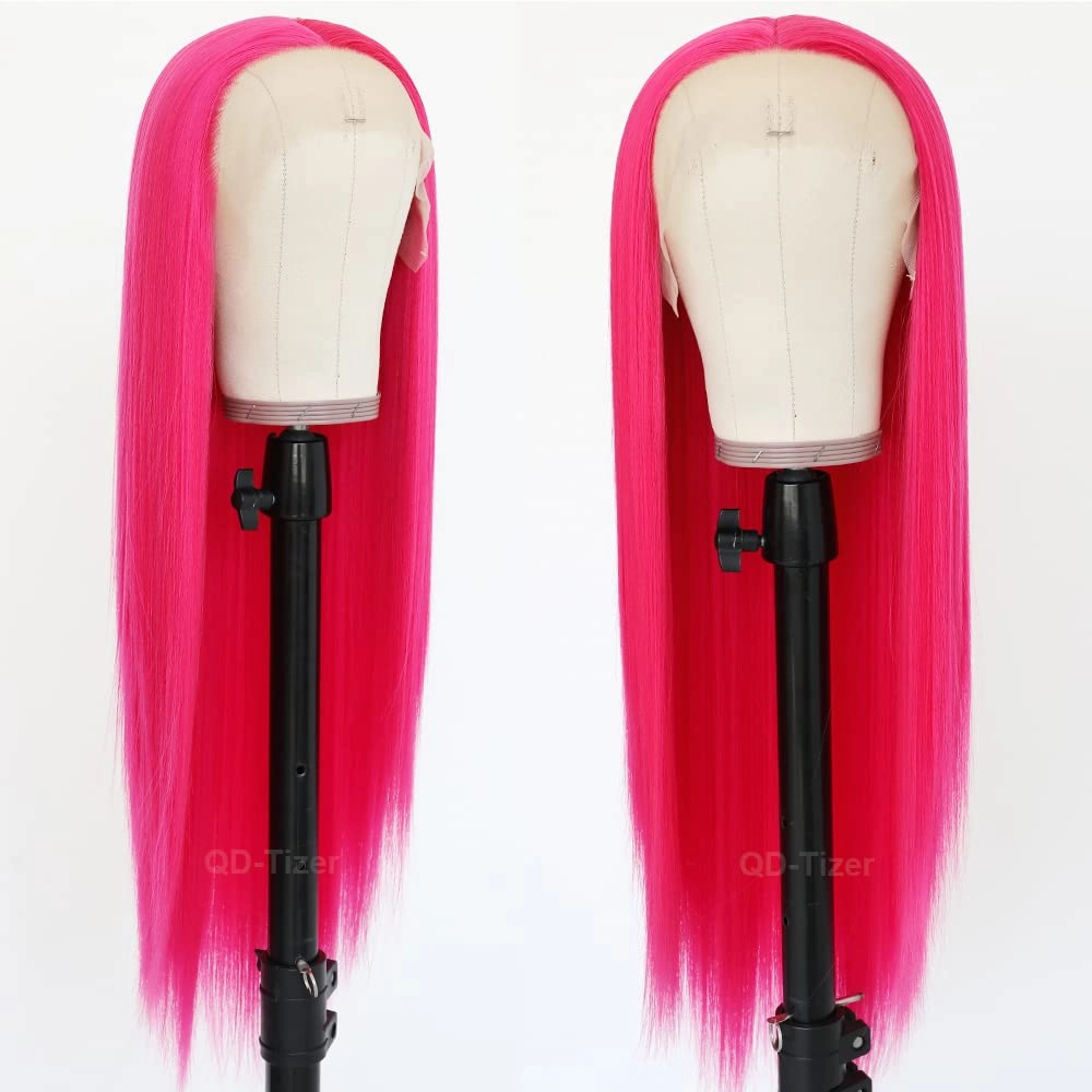 QD-Tizer Hot Pink Lace Front Wigs Long Straight Hair Rose Red Color Glueless Heat Resistant Synthetic Lace Wigs for Fashion Women 24 inch