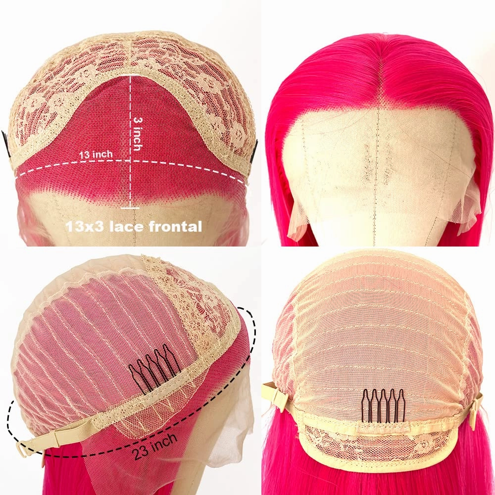 QD-Tizer Hot Pink Lace Front Wigs Long Straight Hair Rose Red Color Glueless Heat Resistant Synthetic Lace Wigs for Fashion Women 24 inch