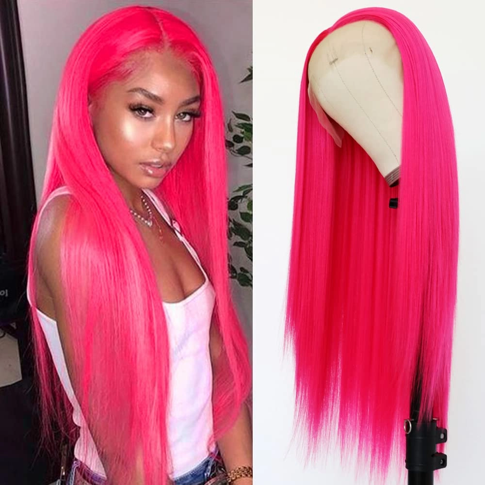 QD-Tizer Hot Pink Lace Front Wigs Long Straight Hair Rose Red Color Glueless Heat Resistant Synthetic Lace Wigs for Fashion Women 24 inch