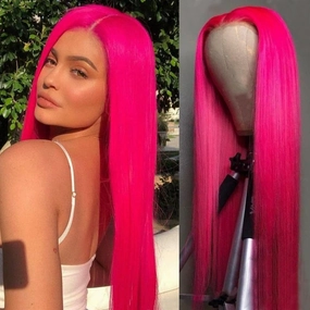 QD-Tizer Hot Pink Lace Front Wigs Long Straight Hair Rose Red Color Glueless Heat Resistant Synthetic Lace Wigs for Fashion Women 24 inch
