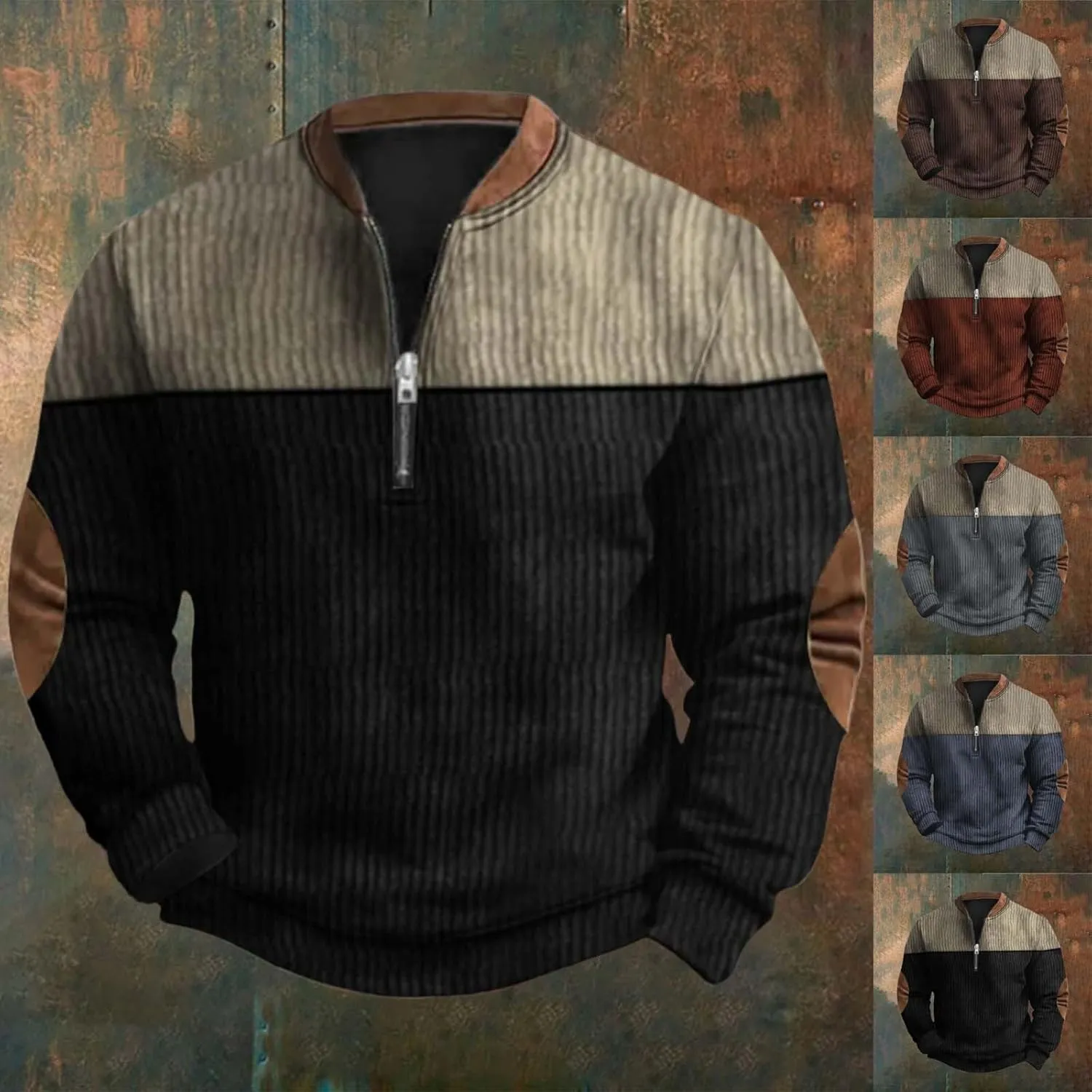Quarter Zip Pullover Men Knit Pattern Long Sleeve Sweatshirts Vintage American Flag Print Sweaters Patriotic Shirts