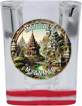 R and R Imports Mandalay Myanmar Souvenir Destination 2 Ounce Shot Glass Square Red Base 4-Pack