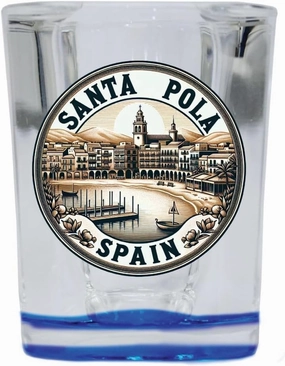 R and R Imports Santa Pola Spain Mementos Souvenir 2 Ounce Shot Glass Square Blue Base 4-Pack