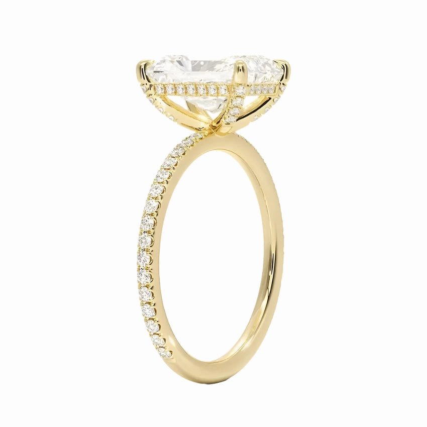 Radiant Cut Engagement Ring with Pavé Band, Cluster Claw, and Hidden Halo