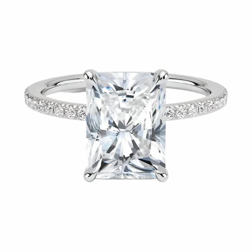 Radiant Cut Engagement Ring with Pavé Band, Cluster Claw, and Hidden Halo