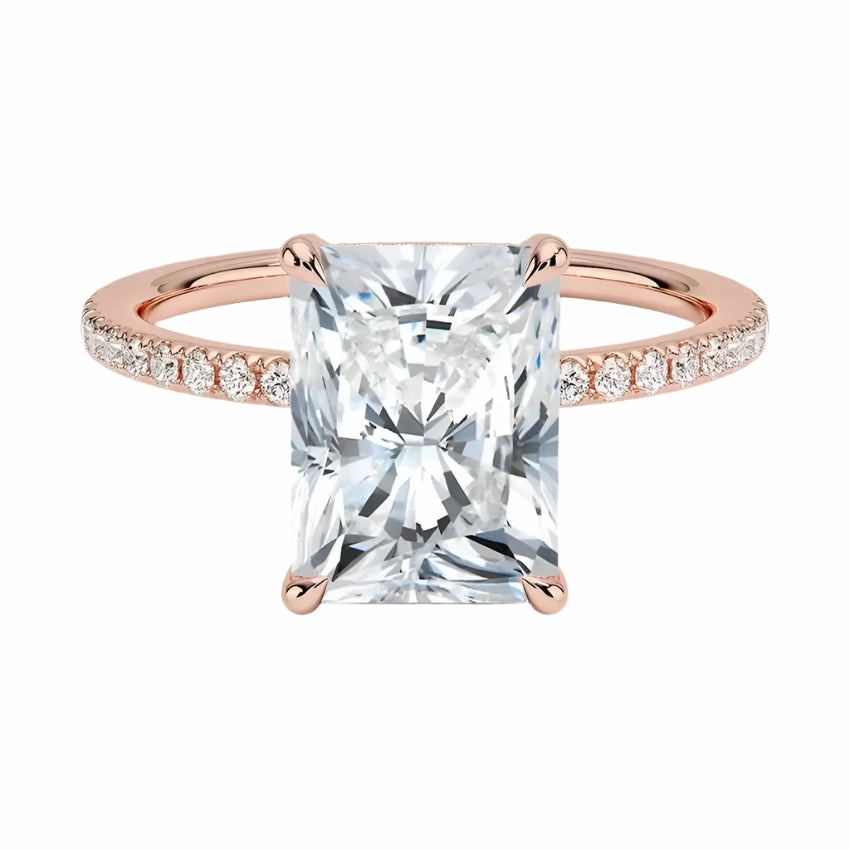 Radiant Cut Engagement Ring with Pavé Band, Cluster Claw, and Hidden Halo