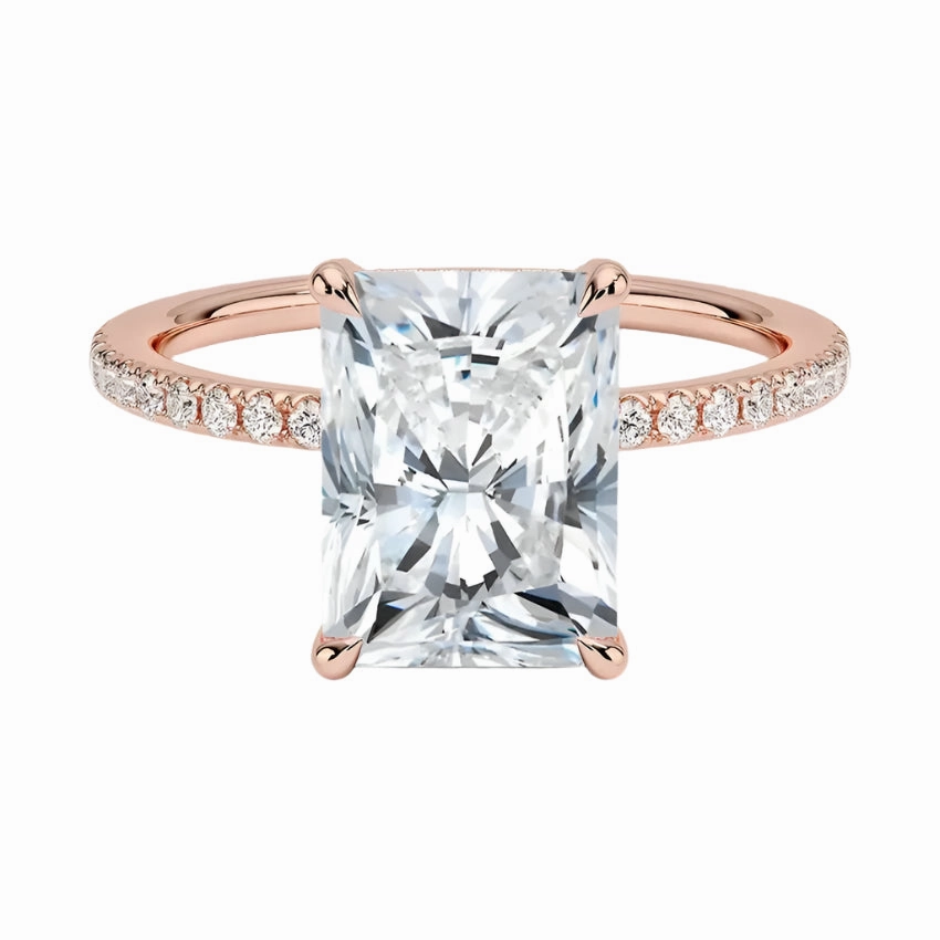 Radiant Cut Engagement Ring with Pavé Band, Cluster Claw, and Hidden Halo