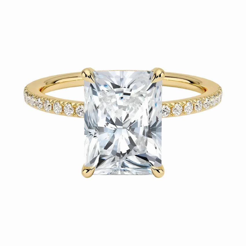 Radiant Cut Engagement Ring with Pavé Band, Cluster Claw, and Hidden Halo