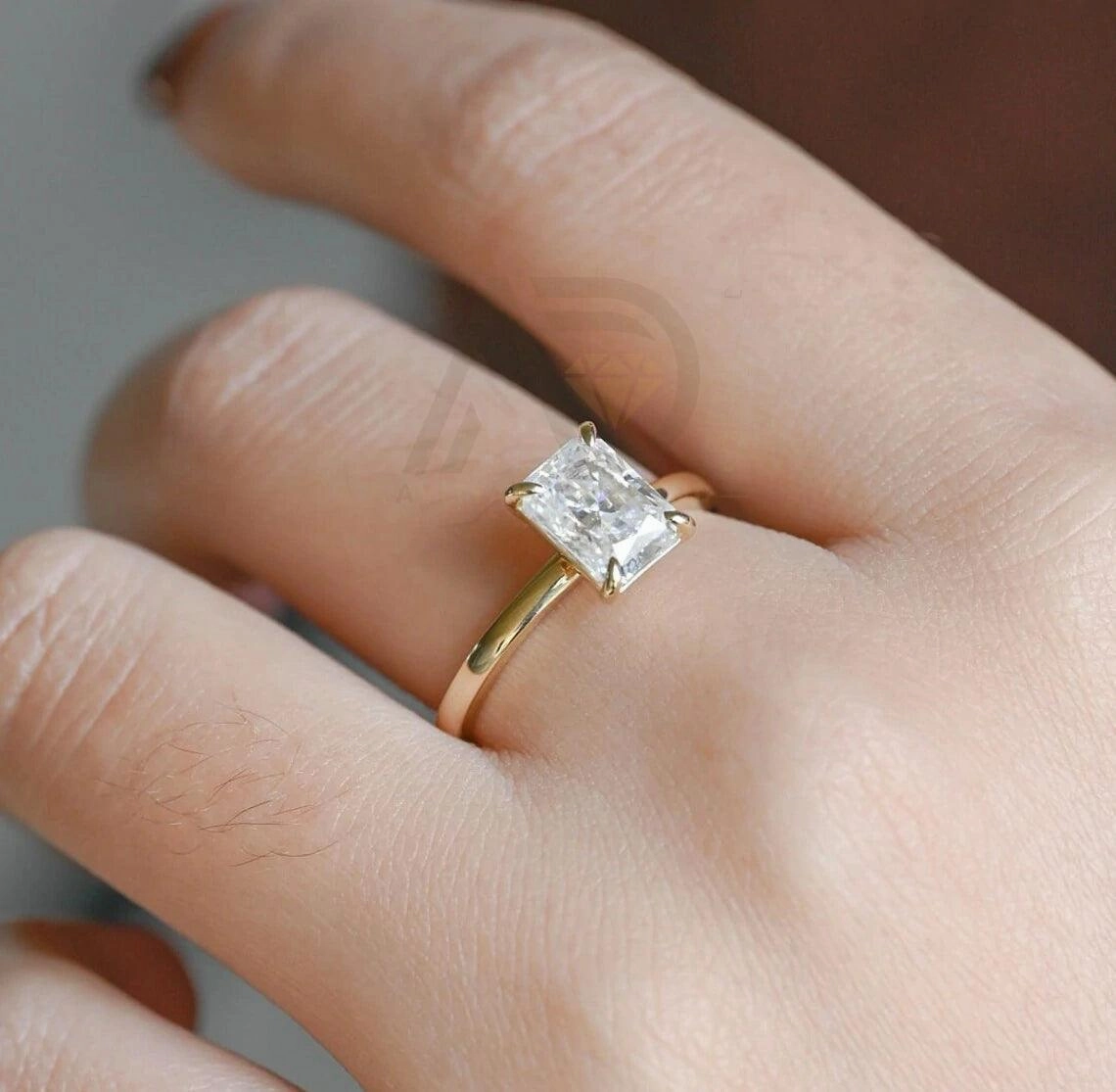 Radiant Cut Solitaire Moissanite Engagement Ring Solid Gold Low Profile Promise Ring