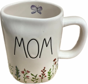 Rae Dunn Mother's Day MOM Coffee Mug, White Floral Base with Purple Butterfly Motif