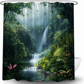 Rainforest Waterfall Shower Curtain Tropical Jungle Nature Green Tree Forest Scenery Landscape Stream River Wildlife Fabric Curtain with Hook