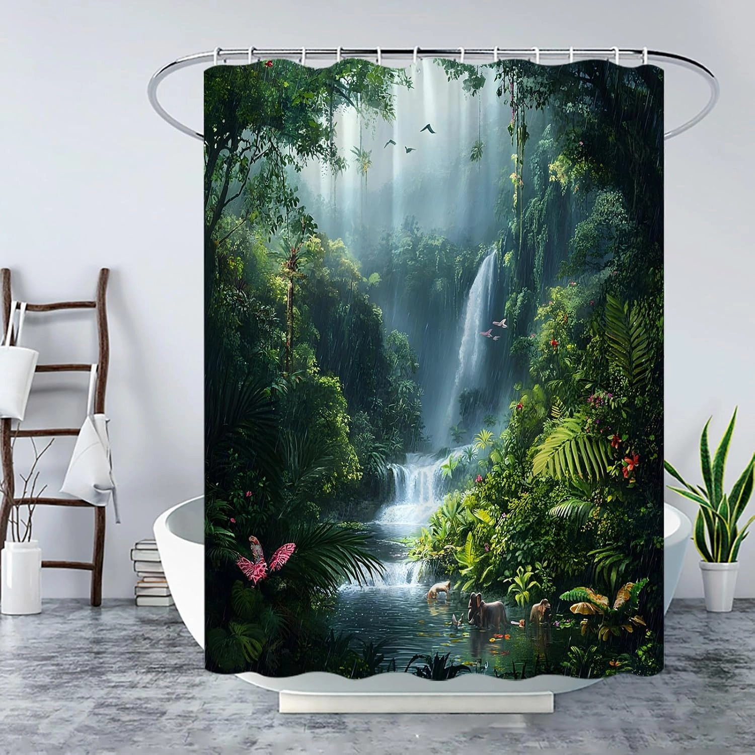 Rainforest Waterfall Shower Curtain Tropical Jungle Nature Green Tree Forest Scenery Landscape Stream River Wildlife Fabric Curtain with Hook