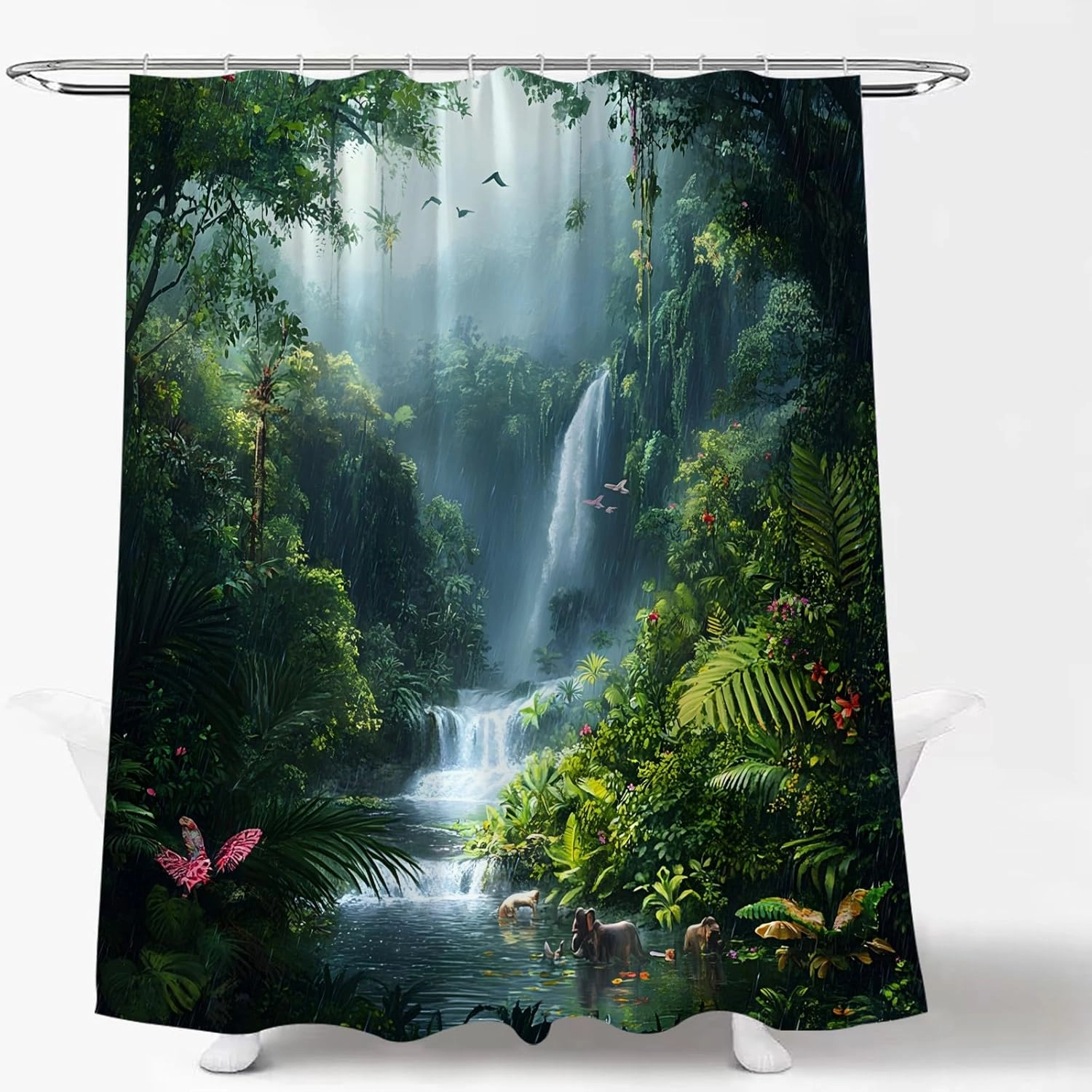 Rainforest Waterfall Shower Curtain Tropical Jungle Nature Green Tree Forest Scenery Landscape Stream River Wildlife Fabric Curtain with Hook