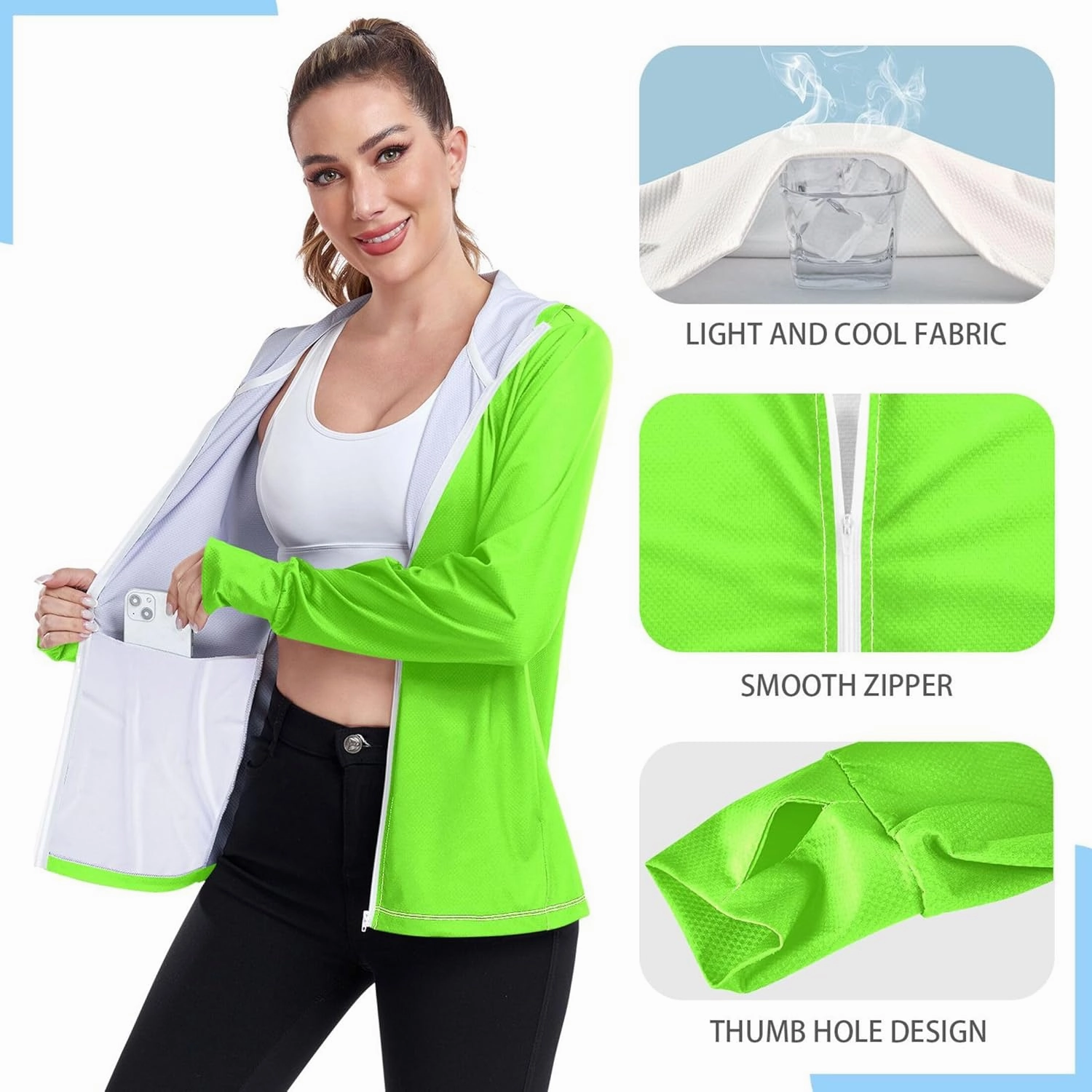 Rash Guards Jacket Women Sun Shirts UV Rashguard Long Sleeve Tops UPF 50  Bright Green S