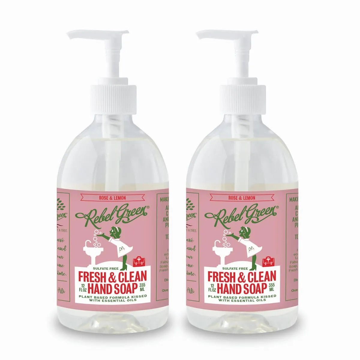Rebel Green Liquid Hand Soap - Moisturizing Natural Bathroom & Kitchen Liquid Soap - Gentle Household Hand Wash - Rose & Lemon, 12 Fl Oz (Pack of 2)