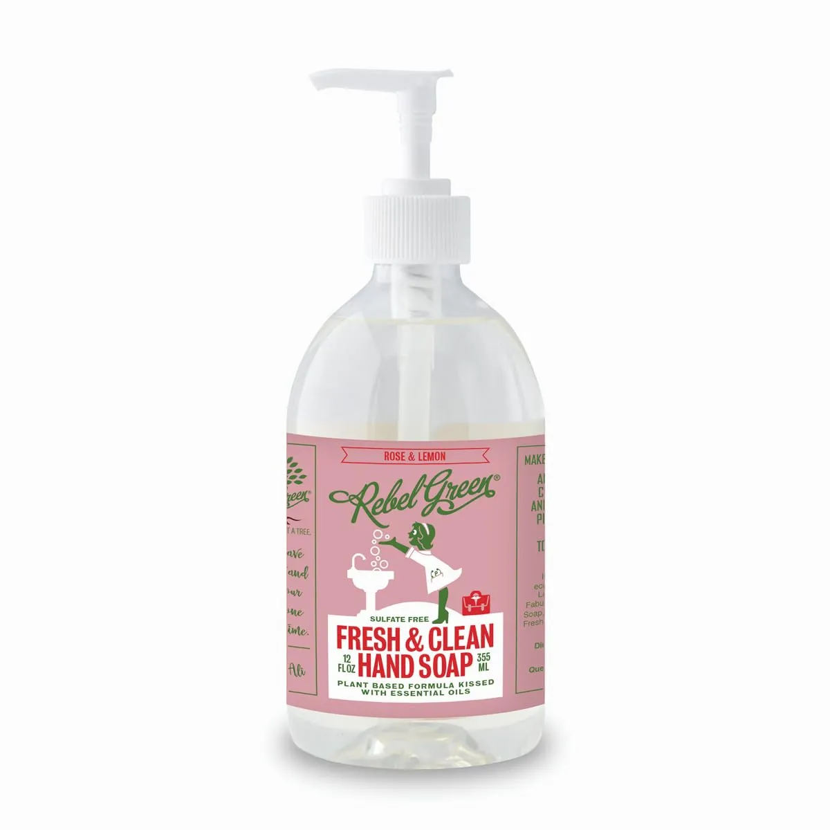 Rebel Green Liquid Hand Soap - Moisturizing Natural Bathroom & Kitchen Liquid Soap - Gentle Household Hand Wash - Rose & Lemon, 12 Fl Oz (Pack of 2)