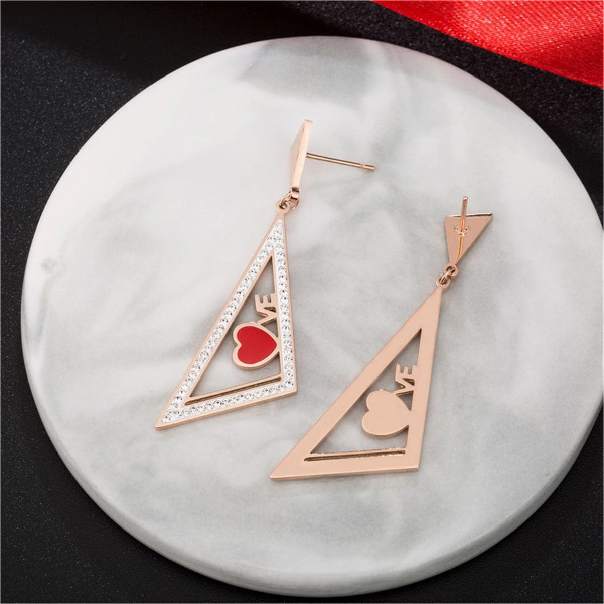 Red & 18K Rose Gold-Plated Triangle Heart Drop Earrings