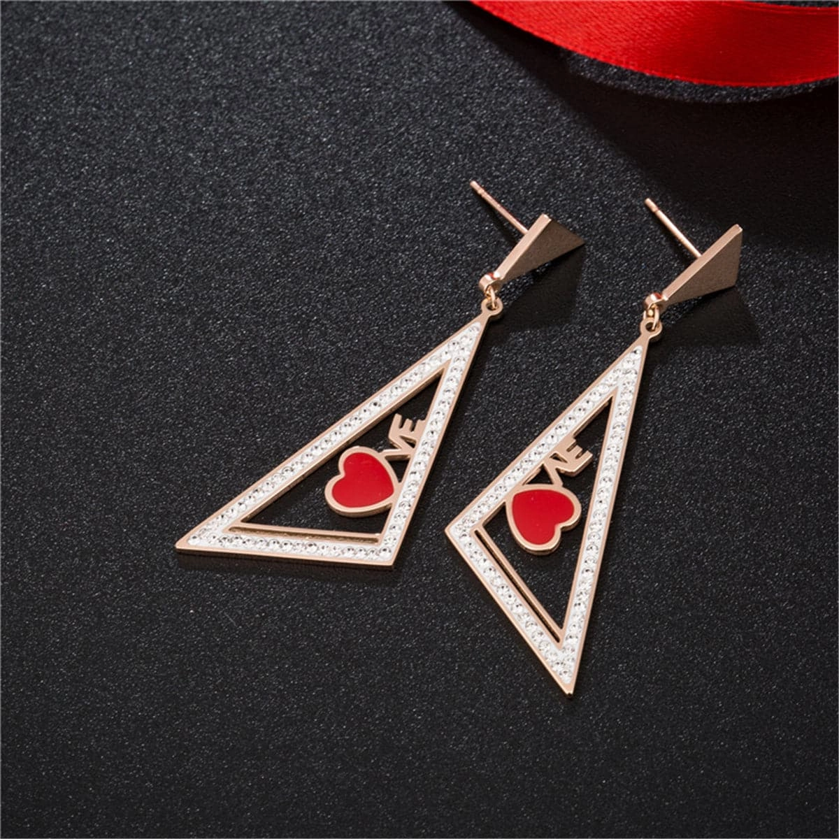 Red & 18K Rose Gold-Plated Triangle Heart Drop Earrings