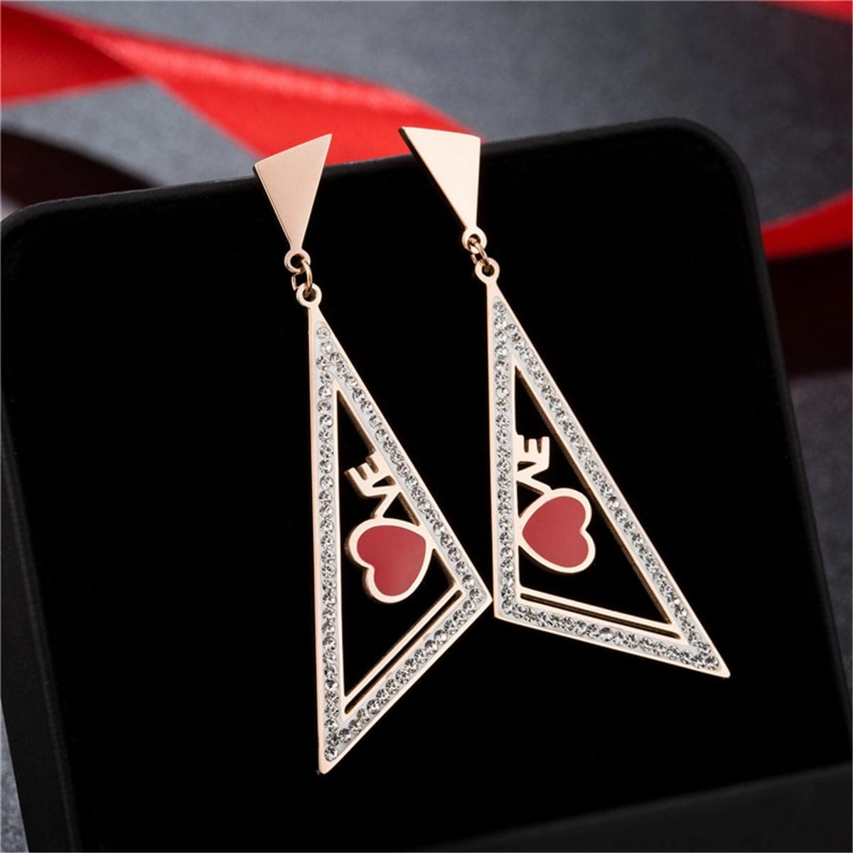 Red & 18K Rose Gold-Plated Triangle Heart Drop Earrings