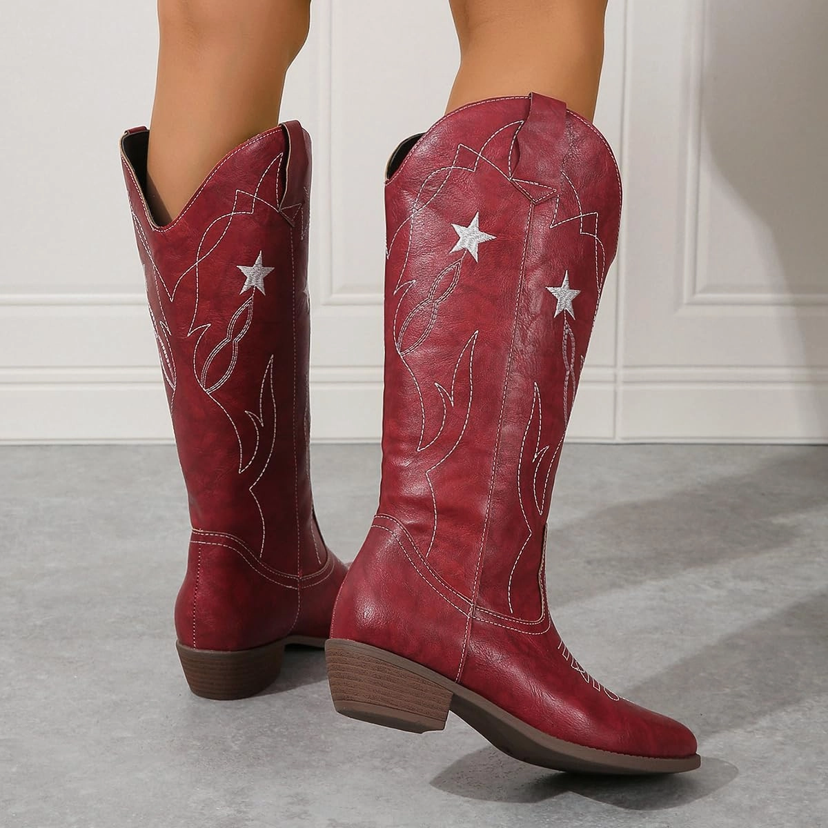 Red Cowgirl Boots for Women - Wide Calf Cowboy Boots with Embroidery & Pentagram Design, Western Style Country Boots