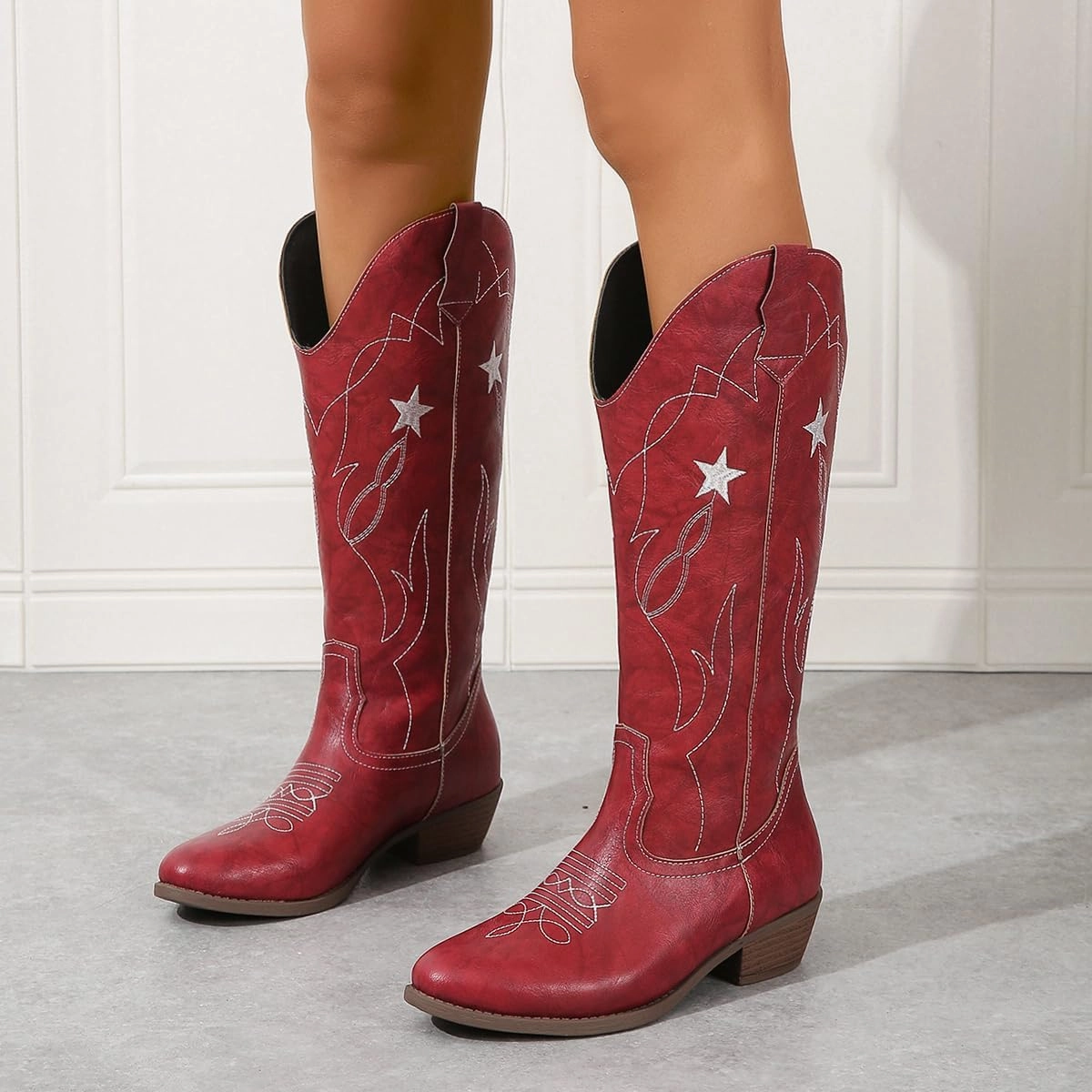 Red Cowgirl Boots for Women - Wide Calf Cowboy Boots with Embroidery & Pentagram Design, Western Style Country Boots