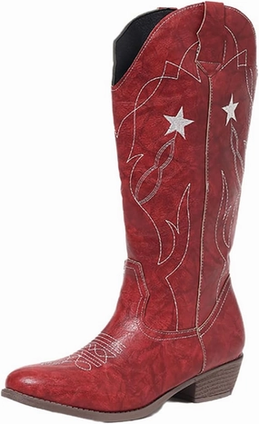 Red Cowgirl Boots for Women - Wide Calf Cowboy Boots with Embroidery & Pentagram Design, Western Style Country Boots
