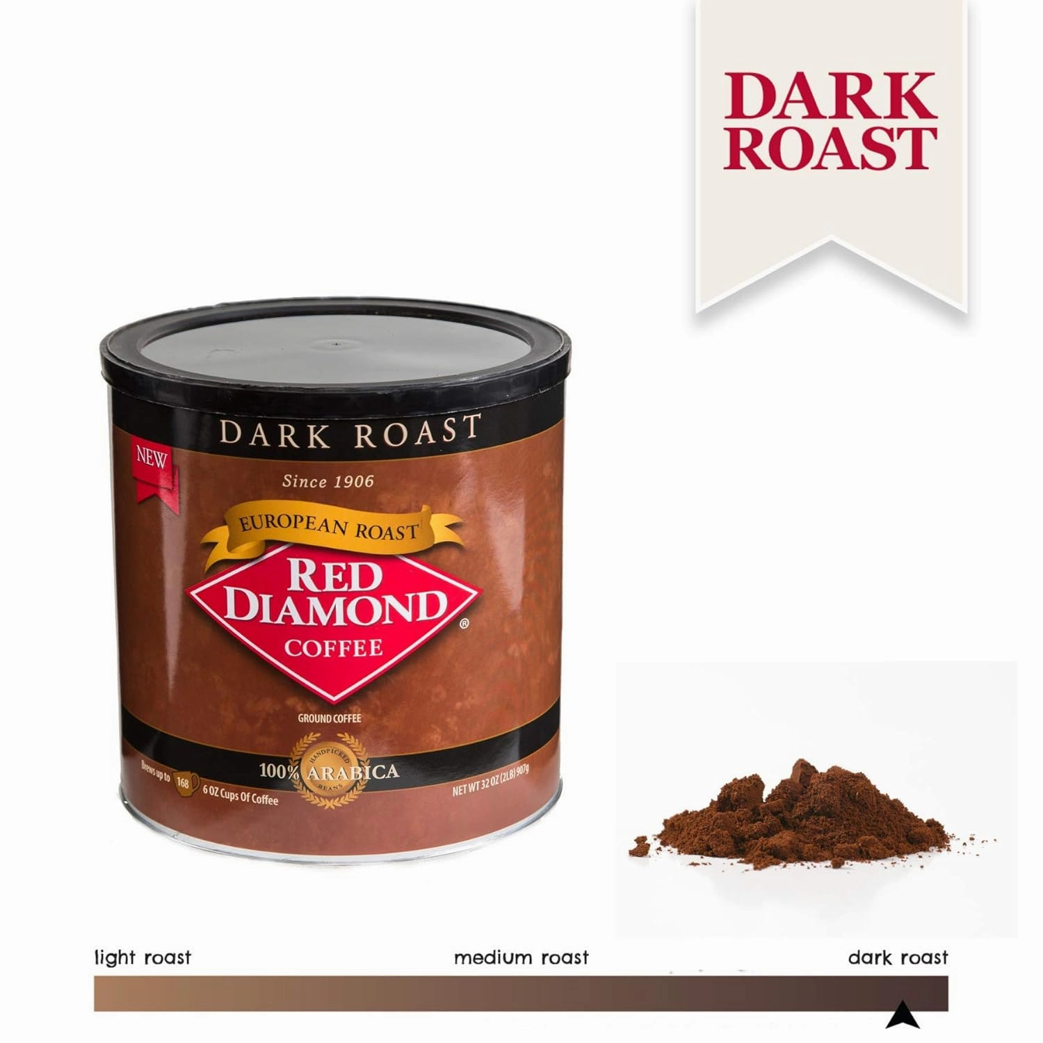 Red Diamond Ground Coffee, Dark European Roast, Premium Arabica Beans, Bold & Smooth Flavor, 32 Ounce Resealable Can