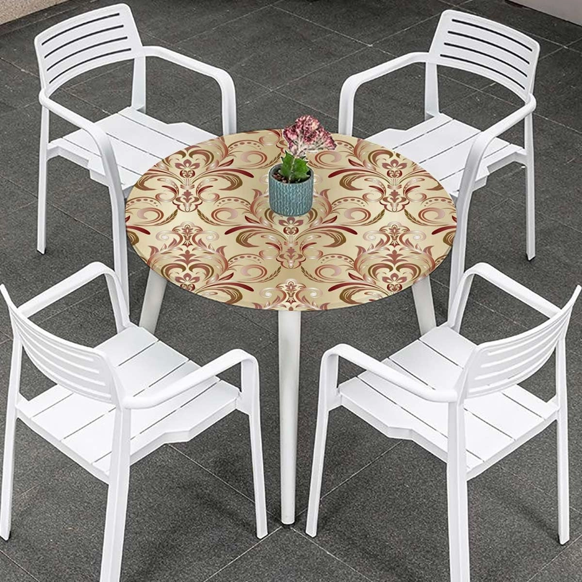 Red White Peach Fitable Fitted Round Table Cover with Elastic Artistic Floral Natural Vintage Wooden Boards Oil Proof Waterproof Tablecloth for Picnic Party Fits up 40"-44" Diameter Tables