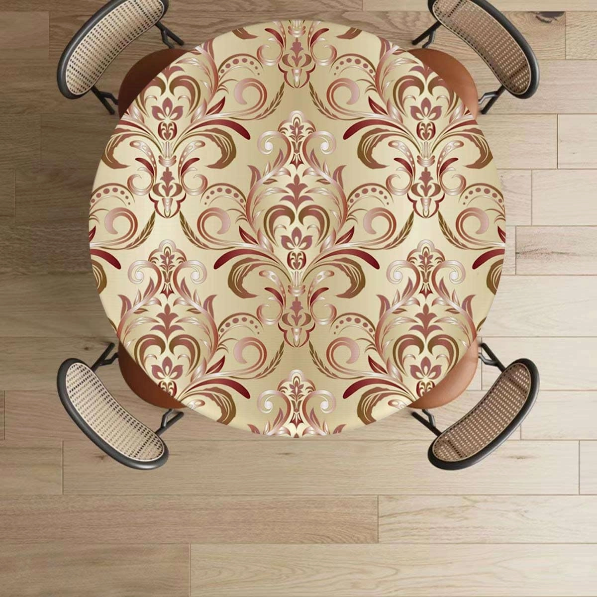 Red White Peach Fitable Fitted Round Table Cover with Elastic Artistic Floral Natural Vintage Wooden Boards Oil Proof Waterproof Tablecloth for Picnic Party Fits up 40"-44" Diameter Tables