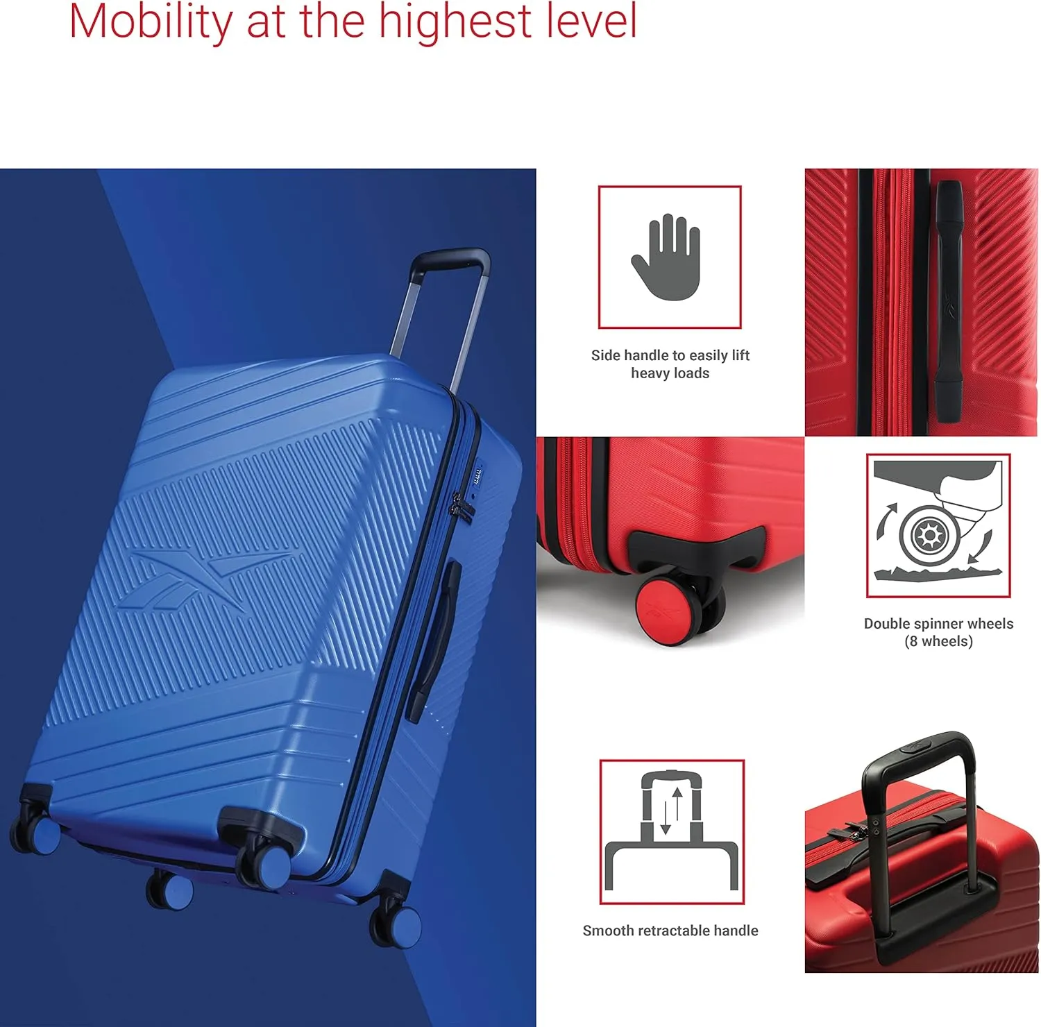 Reebok Go Collection 28 Inch Hard Shell Luggage for Airplanes, Large ABS/PC Hardside Expandable Suitcase with 360-Degree Spinner Wheels, Retractable Handle, Includes Shoe Bag, Red