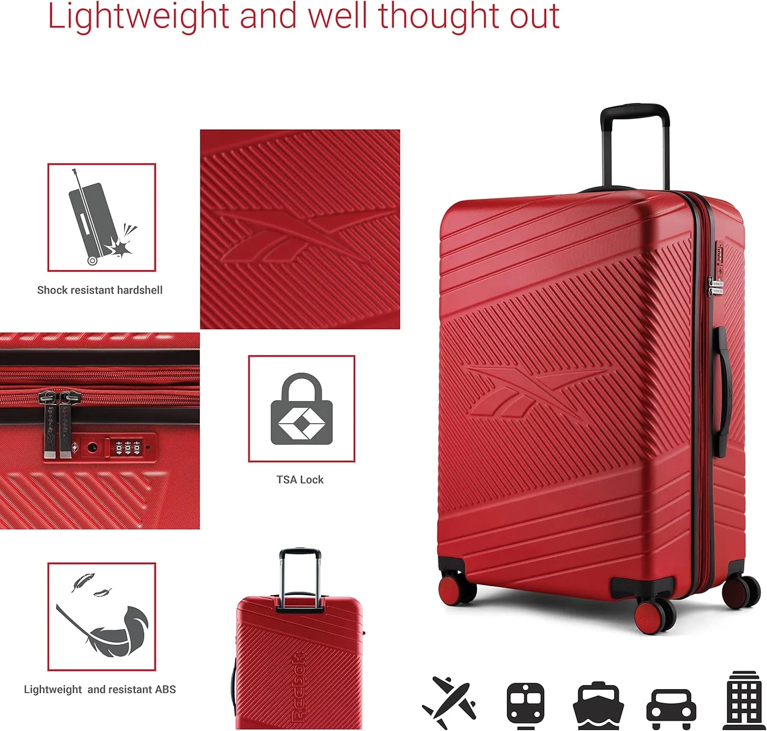 Reebok Go Collection 28 Inch Hard Shell Luggage for Airplanes, Large ABS/PC Hardside Expandable Suitcase with 360-Degree Spinner Wheels, Retractable Handle, Includes Shoe Bag, Red