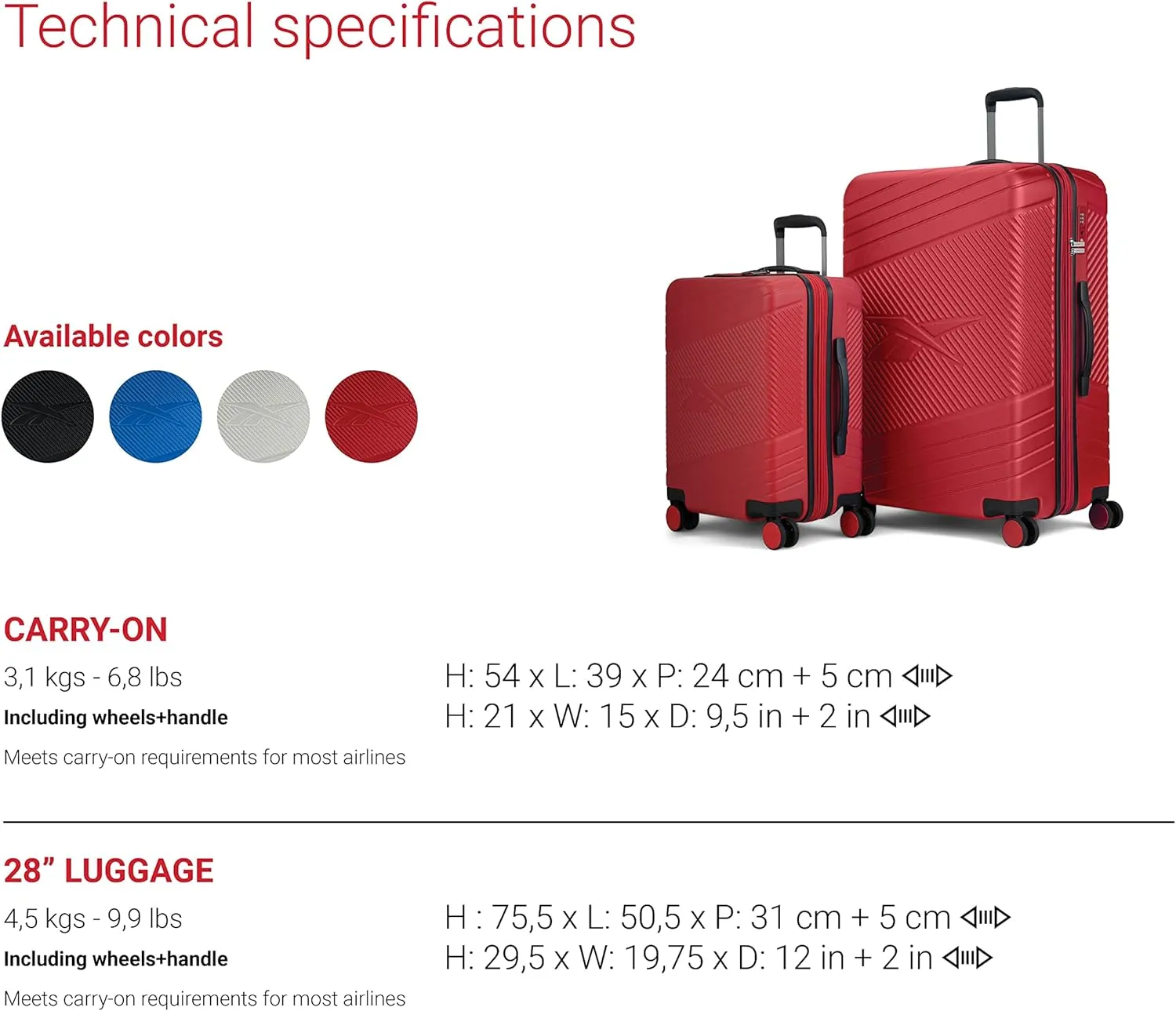 Reebok Go Collection 28 Inch Hard Shell Luggage for Airplanes, Large ABS/PC Hardside Expandable Suitcase with 360-Degree Spinner Wheels, Retractable Handle, Includes Shoe Bag, Red