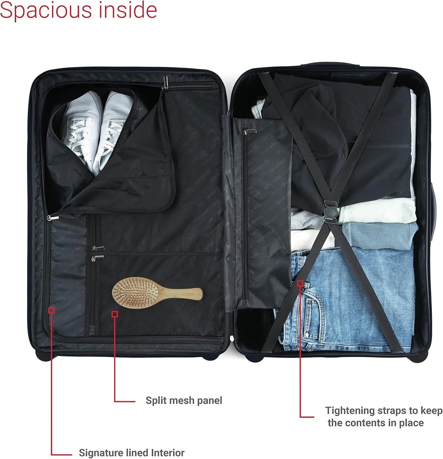 Reebok Go Collection 28 Inch Hard Shell Luggage for Airplanes, Large ABS/PC Hardside Expandable Suitcase with 360-Degree Spinner Wheels, Retractable Handle, Includes Shoe Bag, Red