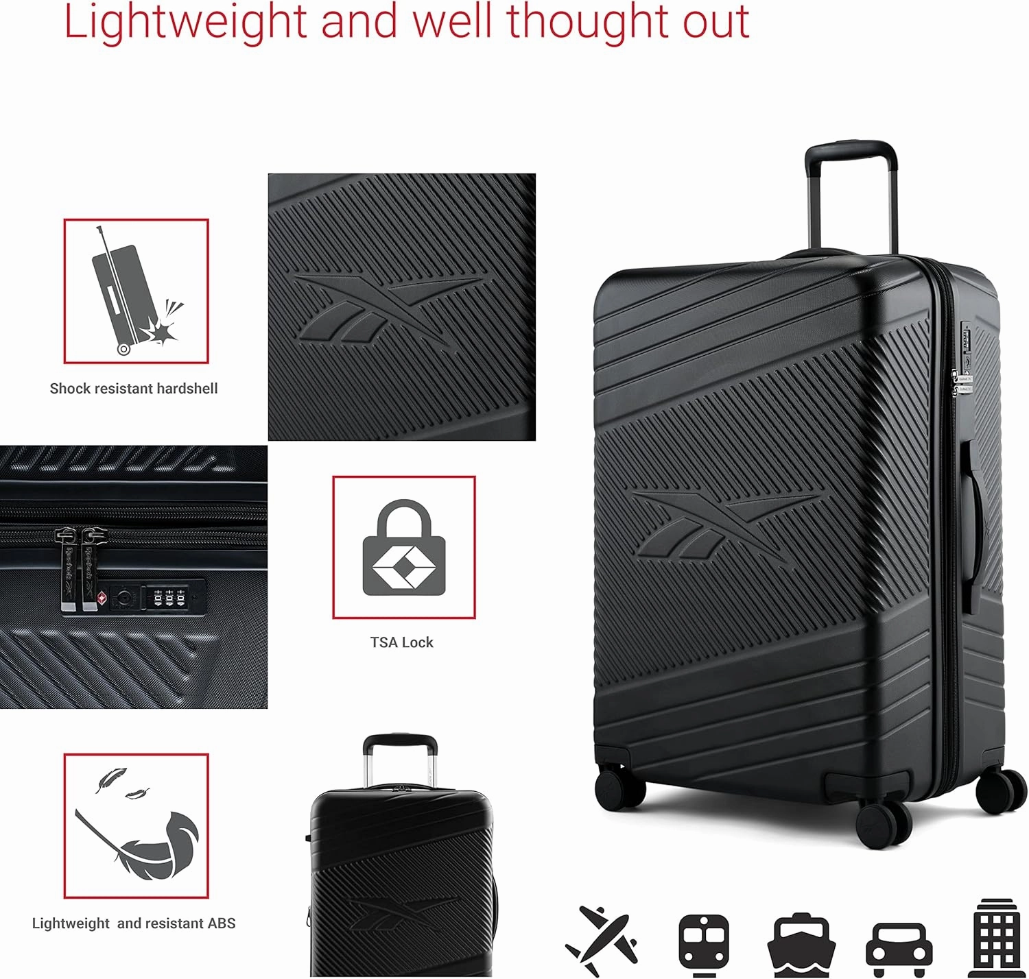Reebok Go Collection 28 Inch Hard Shell Luggage for Airplanes, Large ABS/PC Hardside Expandable Suitcase with 360-Degree Spinner Wheels, Retractable Handle, Includes Shoe Bag, Black
