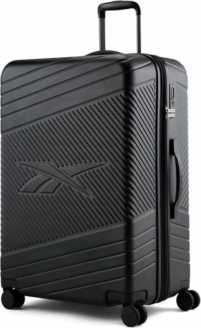 Reebok Go Collection 28 Inch Hard Shell Luggage for Airplanes, Large ABS/PC Hardside Expandable Suitcase with 360-Degree Spinner Wheels, Retractable Handle, Includes Shoe Bag, Black