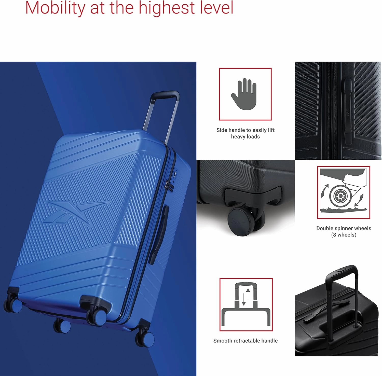 Reebok Go Collection 28 Inch Hard Shell Luggage for Airplanes, Large ABS/PC Hardside Expandable Suitcase with 360-Degree Spinner Wheels, Retractable Handle, Includes Shoe Bag, Black