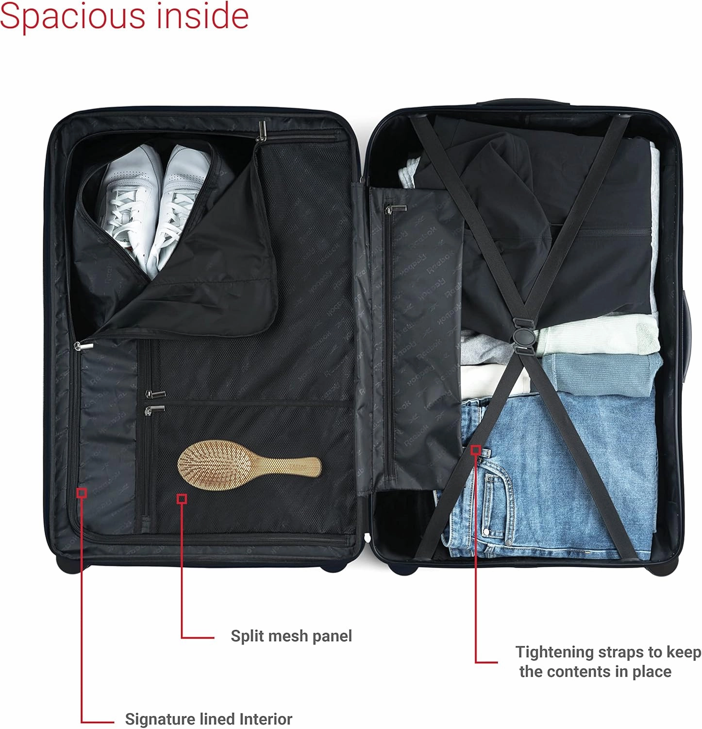 Reebok Go Collection 28 Inch Hard Shell Luggage for Airplanes, Large ABS/PC Hardside Expandable Suitcase with 360-Degree Spinner Wheels, Retractable Handle, Includes Shoe Bag, Black