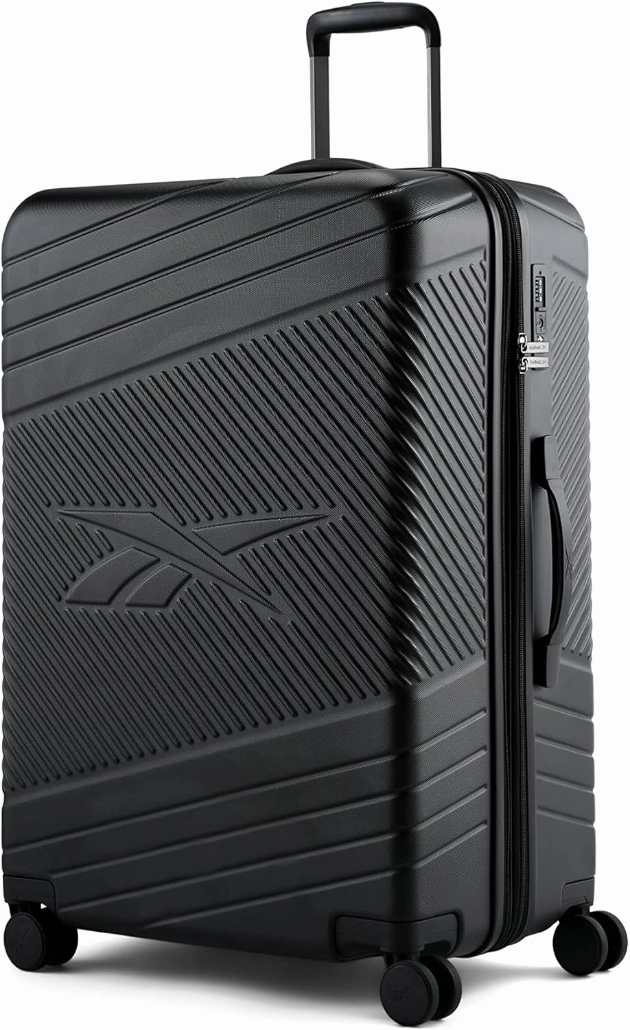 Reebok Go Collection 28 Inch Hard Shell Luggage for Airplanes, Large ABS/PC Hardside Expandable Suitcase with 360-Degree Spinner Wheels, Retractable Handle, Includes Shoe Bag, Black